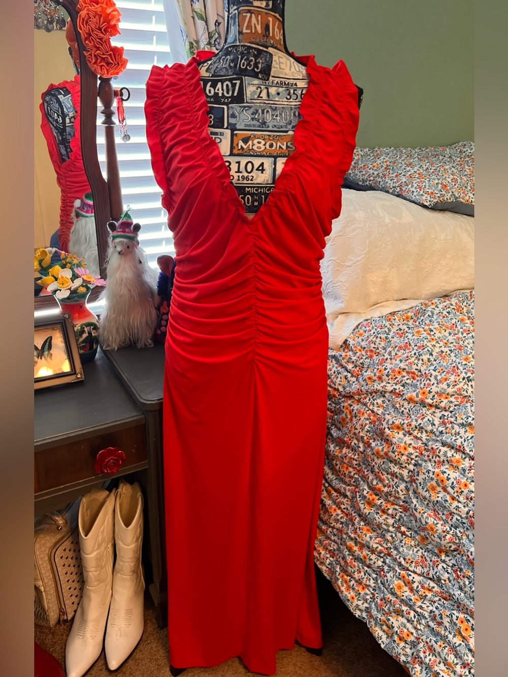Zara Red Ruched V-Neck Maxi Dress